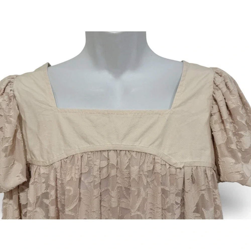 Free People Top M Blush‎ Lace Babydoll Tunic Puff Sleeve Boho Romantic Whimsy